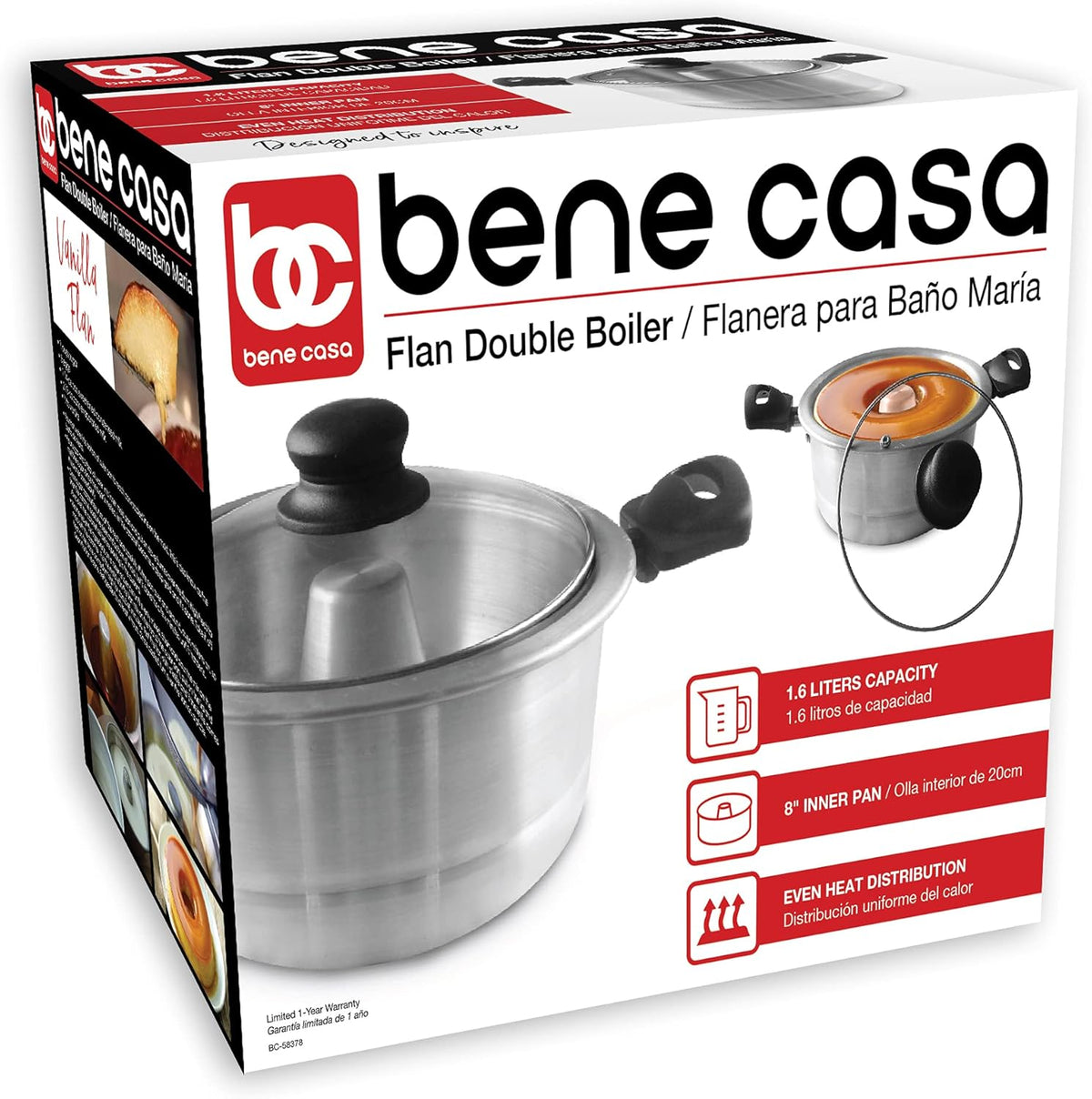 Bene Casa - Aluminum Flan Mold Double Boiler with Glass Lid (1.6 Liter) - Includes Aluminum Inner Pan (8") - Dishwasher Safe BC-58378