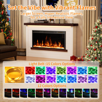 Nexfurn 60" Electric Fireplace with Mantel, Fireplace TV Stand with 42”Electric Fireplace Heater, Remote Control, Shiplap-Style Surround with Multi-Colors Effects for Living Room Bedroom, White