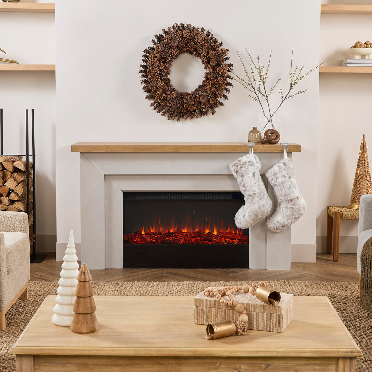 Real Flame Malie 68" Landscape Electric Fireplace with Mantel for Living Room or Bedroom, Replaceable Fireplace Insert Heater, Realistic Log and Flame Effect, Remote Control, Timer - Venetian Gray
