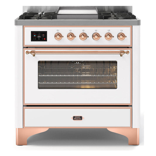 ILVE UM09FDNS3WHP Majestic II 36 inch Dual Fuel Range with 6 Black Brass Burners, Griddle (Triple Glass Door, White, Copper, Natural Gas)