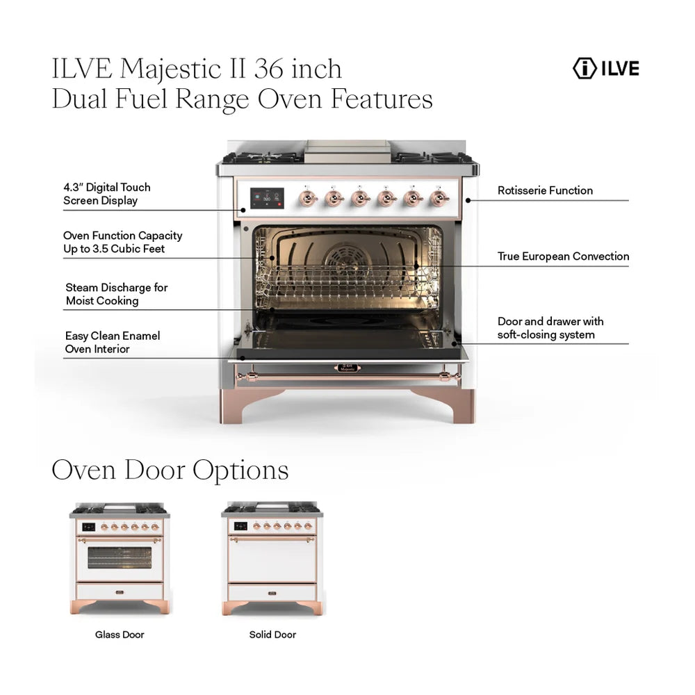 ILVE UM09FDNS3WHP Majestic II 36 inch Dual Fuel Range with 6 Black Brass Burners, Griddle (Triple Glass Door, White, Copper, Natural Gas)
