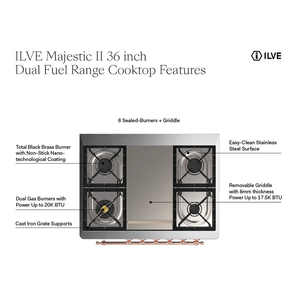 ILVE UM09FDNS3WHP Majestic II 36 inch Dual Fuel Range with 6 Black Brass Burners, Griddle (Triple Glass Door, White, Copper, Natural Gas)