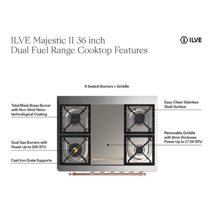 ILVE UM09FDNS3WHP Majestic II 36 inch Dual Fuel Range with 6 Black Brass Burners, Griddle (Triple Glass Door, White, Copper, Natural Gas)