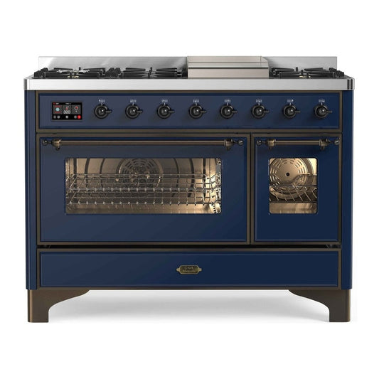 ILVE UM12FDNS3MBB Majestic II 48 inch Dual Fuel Range with 8 Black Brass Burners, Griddle (Natural Gas, Triple Glass Door, Midnight Blue, Burnished)