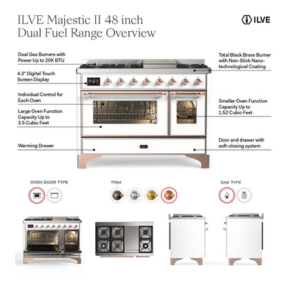 ILVE UM12FDNS3MBB Majestic II 48 inch Dual Fuel Range with 8 Black Brass Burners, Griddle (Natural Gas, Triple Glass Door, Midnight Blue, Burnished)