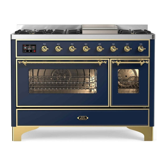 ILVE 48" Majestic II Dual Fuel Range 8 Burner Griddle Midnight Blue Brass NG UM12FDNS3MBG + AMC120