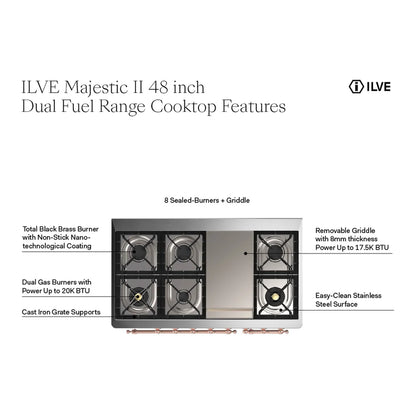 ILVE 48" Majestic II Dual Fuel Range 8 Burner Griddle Midnight Blue Brass NG UM12FDNS3MBG + AMC120