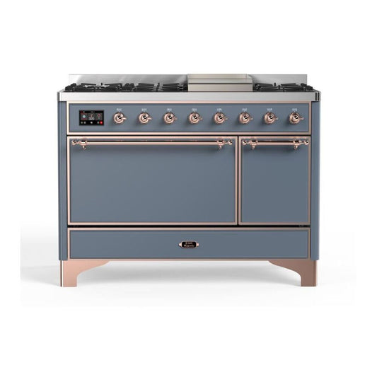 ILVE UM12FDQNS3BGP Majestic II 48 inch Dual Fuel Range with 8 Black Brass Burners, Griddle (Natural Gas, Solid Door, Blue Grey, Copper)