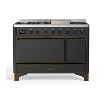 ILVE UM12FDQNS3MGB Majestic II 48 inch Dual Fuel Range with 8 Black Brass Burners, Griddle (Natural Gas, Solid Door, Graphite Matte, Burnished)