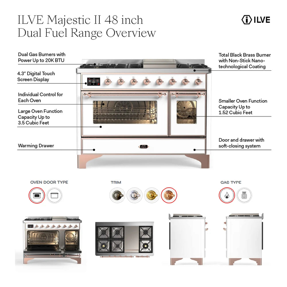 ILVE UM12FDQNS3MGB Majestic II 48 inch Dual Fuel Range with 8 Black Brass Burners, Griddle (Natural Gas, Solid Door, Graphite Matte, Burnished)