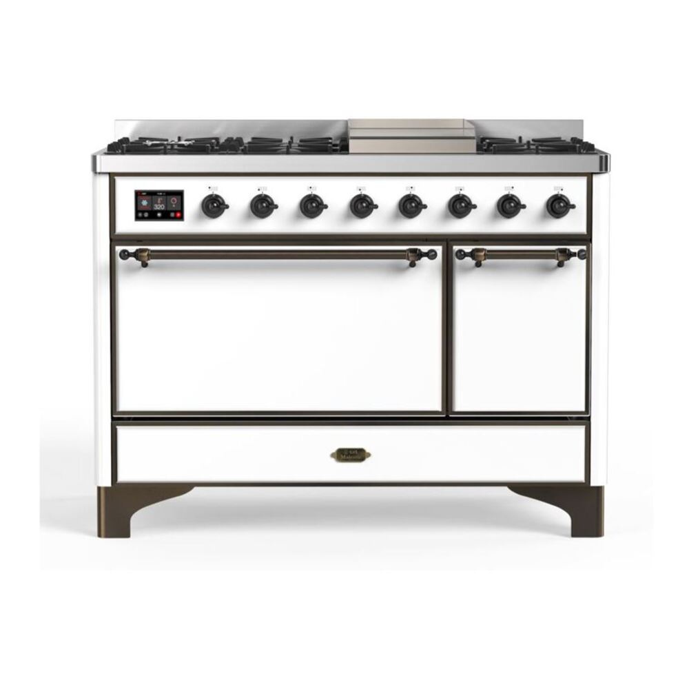 ILVE UM12FDQNS3WHB Majestic II 48 inch Dual Fuel Range with 8 Black Brass Burners, Griddle (Natural Gas, Solid Door, White, Burnished)