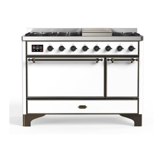 ILVE UM12FDQNS3WHB Majestic II 48 inch Dual Fuel Range with 8 Black Brass Burners, Griddle (Natural Gas, Solid Door, White, Burnished)