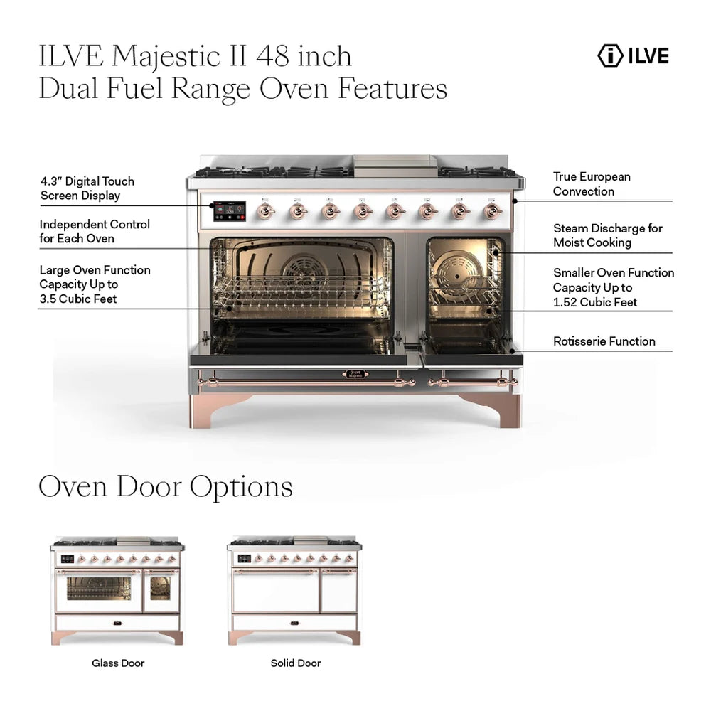 ILVE UM12FDQNS3WHB Majestic II 48 inch Dual Fuel Range with 8 Black Brass Burners, Griddle (Natural Gas, Solid Door, White, Burnished)