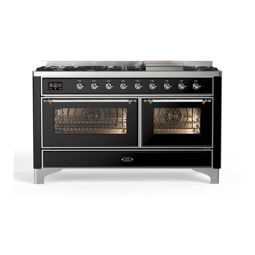 ILVE UM15FDNS3BKC Majestic II 60 inch Dual Fuel Range with 9 Burners, Griddle (Natural Gas, Triple Glass Door, Glossy Black, Chrome)