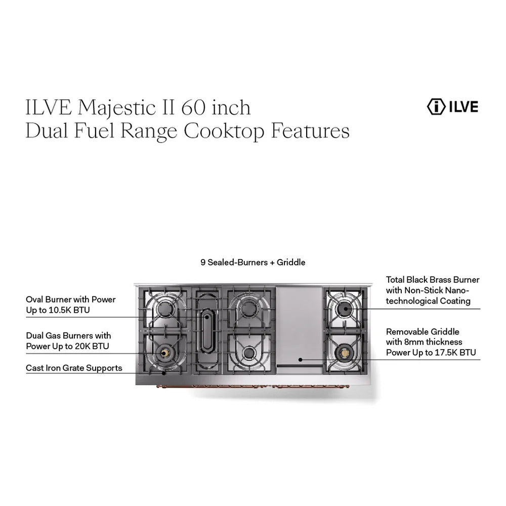 ILVE UM15FDNS3BKC Majestic II 60 inch Dual Fuel Range with 9 Burners, Griddle (Natural Gas, Triple Glass Door, Glossy Black, Chrome)