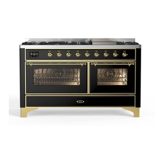 ILVE 60" Majestic II Dual Fuel Range 9 Burner Griddle Glossy Black Brass NG UM15FDNS3BKG + AMC150