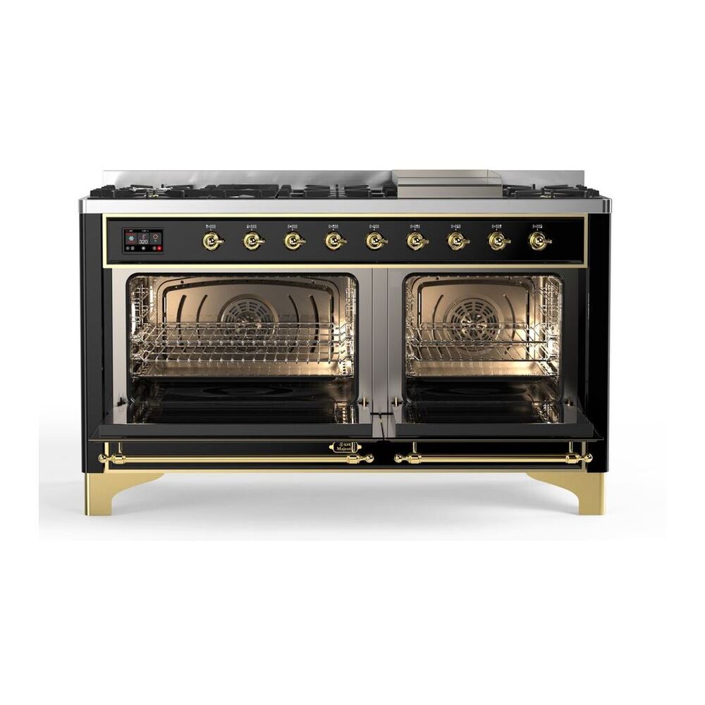 ILVE 60" Majestic II Dual Fuel Range 9 Burner Griddle Glossy Black Brass NG UM15FDNS3BKG + AMC150