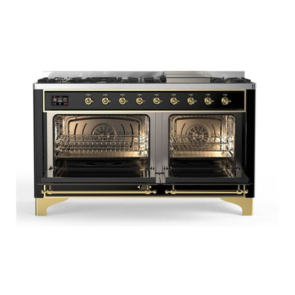 ILVE 60" Majestic II Dual Fuel Range 9 Burner Griddle Glossy Black Brass NG UM15FDNS3BKG + AMC150