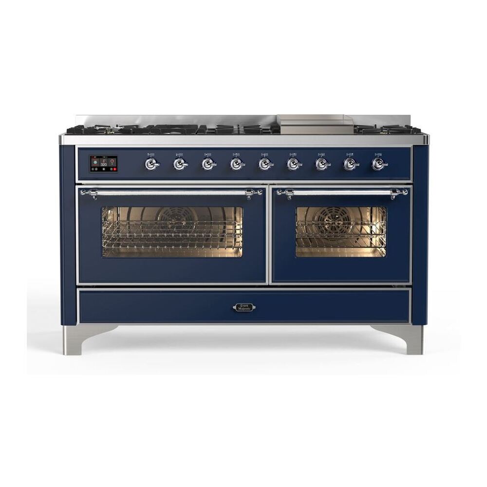 ILVE UM15FDNS3MBC Majestic II 60 inch Dual Fuel Range with 9 Burners, Griddle (Natural Gas, Triple Glass Door, Midnight Blue, Chrome)