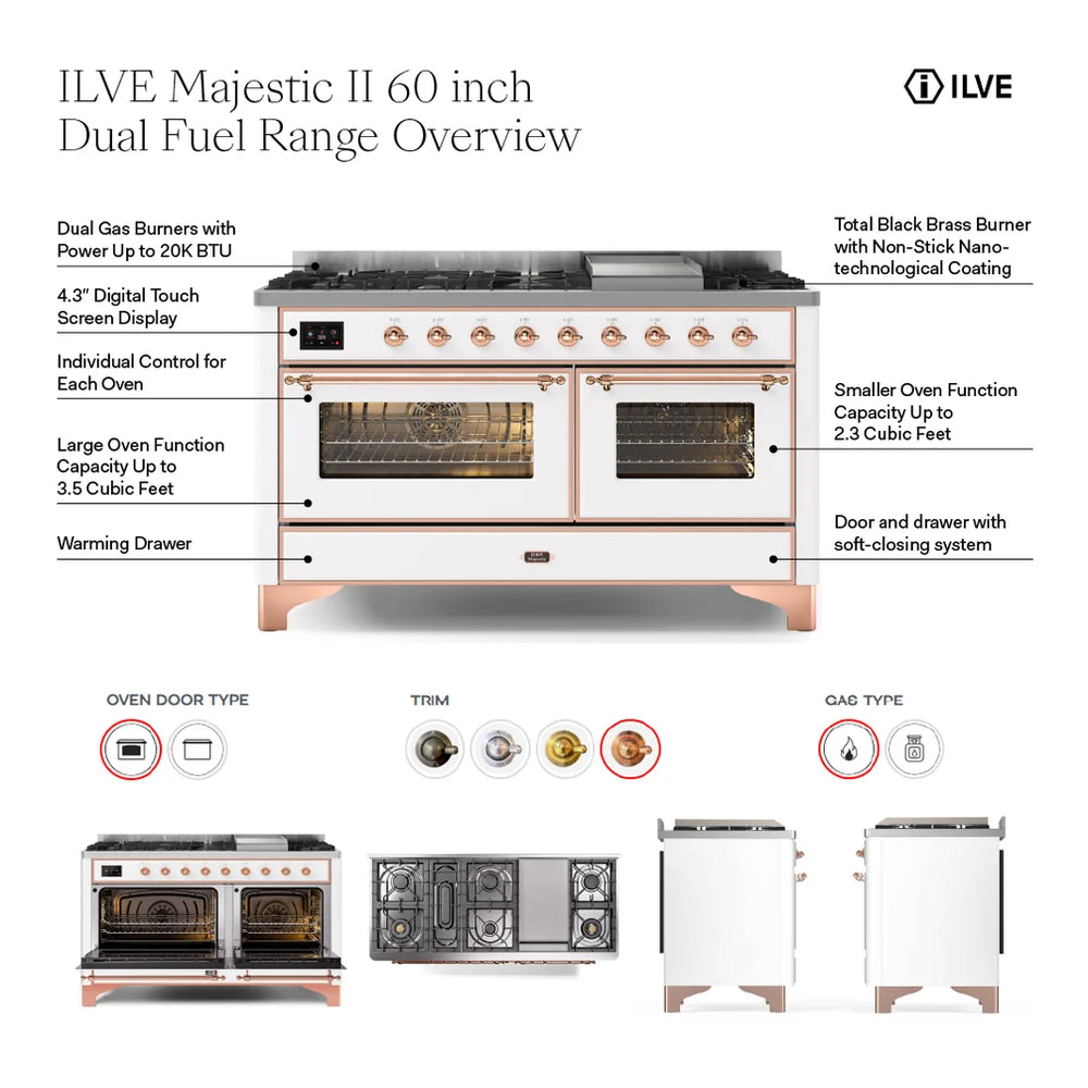 ILVE UM15FDNS3MBC Majestic II 60 inch Dual Fuel Range with 9 Burners, Griddle (Natural Gas, Triple Glass Door, Midnight Blue, Chrome)