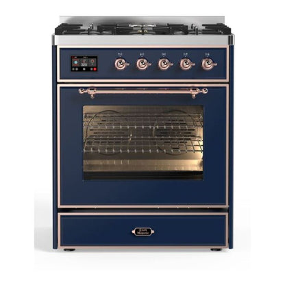 ILVE UM30DNE3MBP Majestic II 30 inch Dual Fuel Range with 5 Black Brass Burners (Natural Gas, Triple Glass Door, Midnight Blue, Copper)