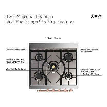 ILVE UM30DNE3MBP Majestic II 30 inch Dual Fuel Range with 5 Black Brass Burners (Natural Gas, Triple Glass Door, Midnight Blue, Copper)