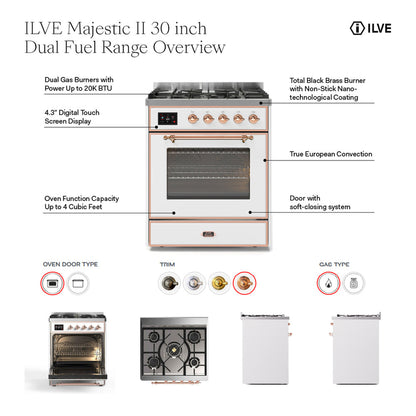 ILVE UM30DNE3MBP Majestic II 30 inch Dual Fuel Range with 5 Black Brass Burners (Natural Gas, Triple Glass Door, Midnight Blue, Copper)