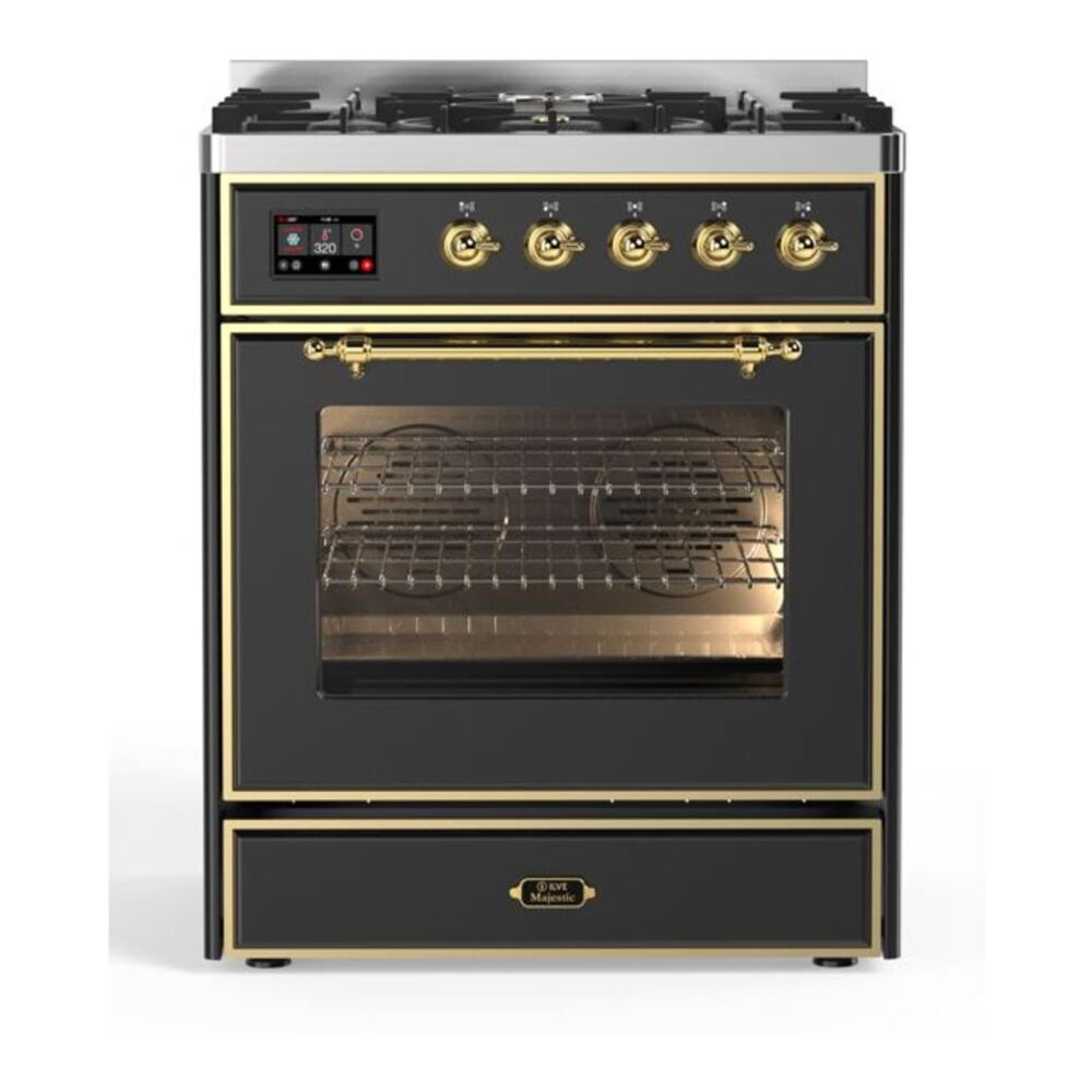 ILVE UM30DNE3MGG Majestic II 30 inch Dual Fuel Range with 5 Black Brass Burners (Natural Gas, Triple Glass Door, Graphite Matte, Brass)