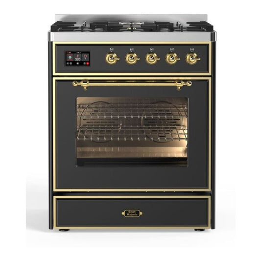 ILVE UM30DNE3MGG Majestic II 30 inch Dual Fuel Range with 5 Black Brass Burners (Natural Gas, Triple Glass Door, Graphite Matte, Brass)