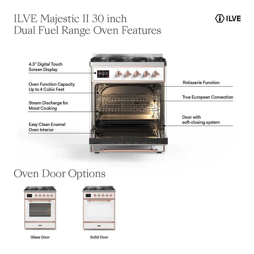 ILVE UM30DQNE3WHC Majestic II 30 inch Dual Fuel Range with 5 Black Brass Burners (Natural Gas, Solid Door, White, Chrome)