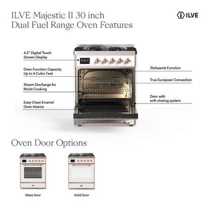 ILVE UM30DQNE3WHC Majestic II 30 inch Dual Fuel Range with 5 Black Brass Burners (Natural Gas, Solid Door, White, Chrome)