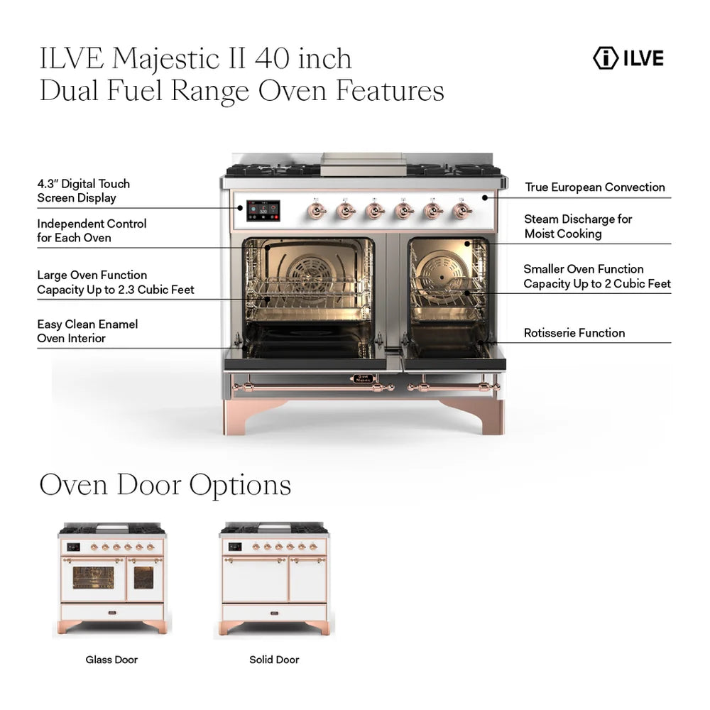 ILVE UMD10FDNS3BUP Majestic II 40 inch Dual Fuel Range with 6 Burners, Griddle (Natural Gas, Triple Glass Door, Burgundy, Copper)