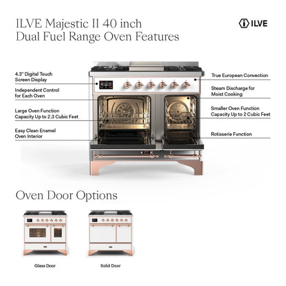 ILVE UMD10FDNS3BUP Majestic II 40 inch Dual Fuel Range with 6 Burners, Griddle (Natural Gas, Triple Glass Door, Burgundy, Copper)