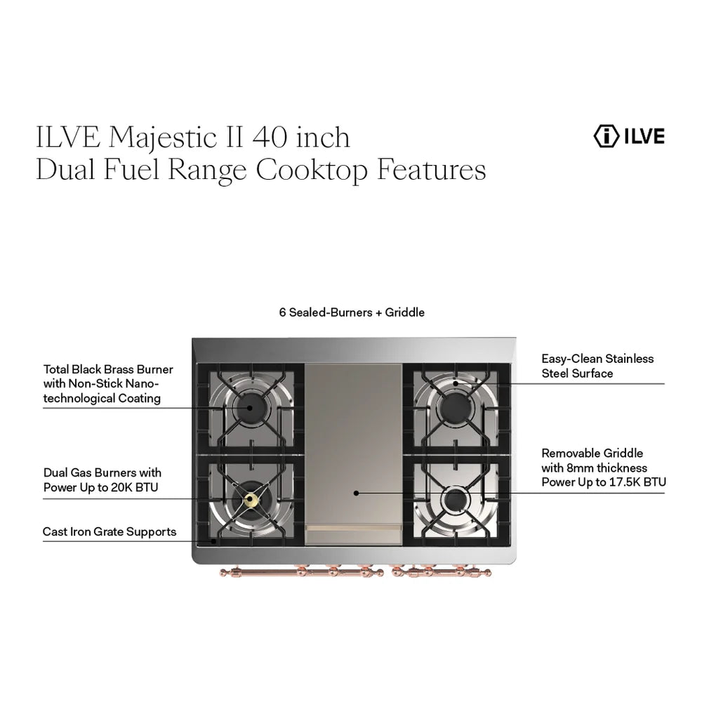ILVE UMD10FDNS3BUP Majestic II 40 inch Dual Fuel Range with 6 Burners, Griddle (Natural Gas, Triple Glass Door, Burgundy, Copper)