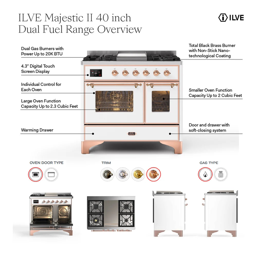ILVE UMD10FDQNS3MGB Majestic II 40 inch Dual Fuel Range with 6 Burners, Griddle (Natural Gas, Solid Door, Graphite Matte, Burnished)