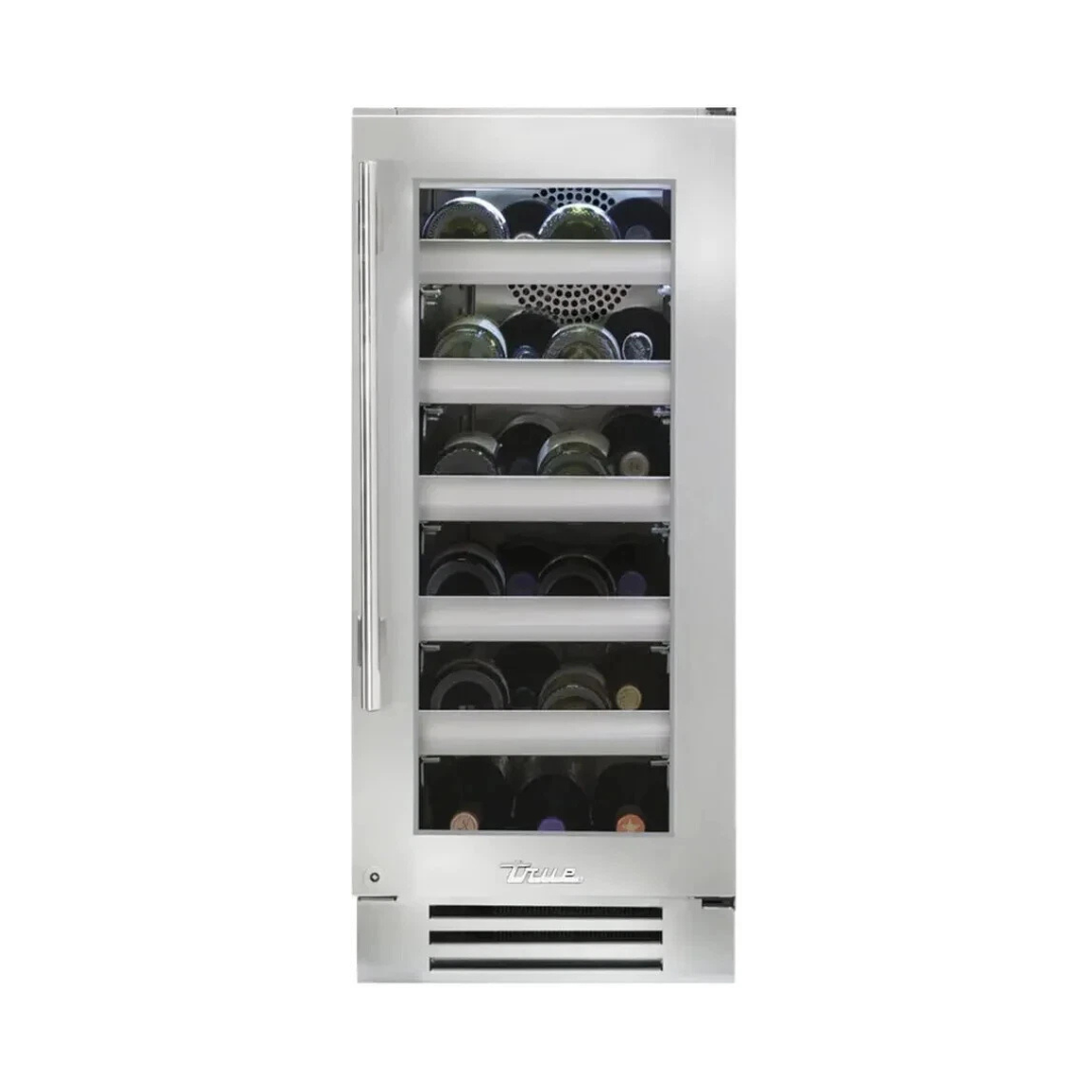 True Residential TWC15RSGC 15 Inch Undercounter Single Zone Wine Cooler with 23 Bottle Capacity, 5 Glide-Out Racks, 1 Floor Cradle, TruLumina® LED Lighting, True Precision Control®, Temperature Range 40˚F - 65˚F, and UL Rated: Stainless Glass, Right Hinge