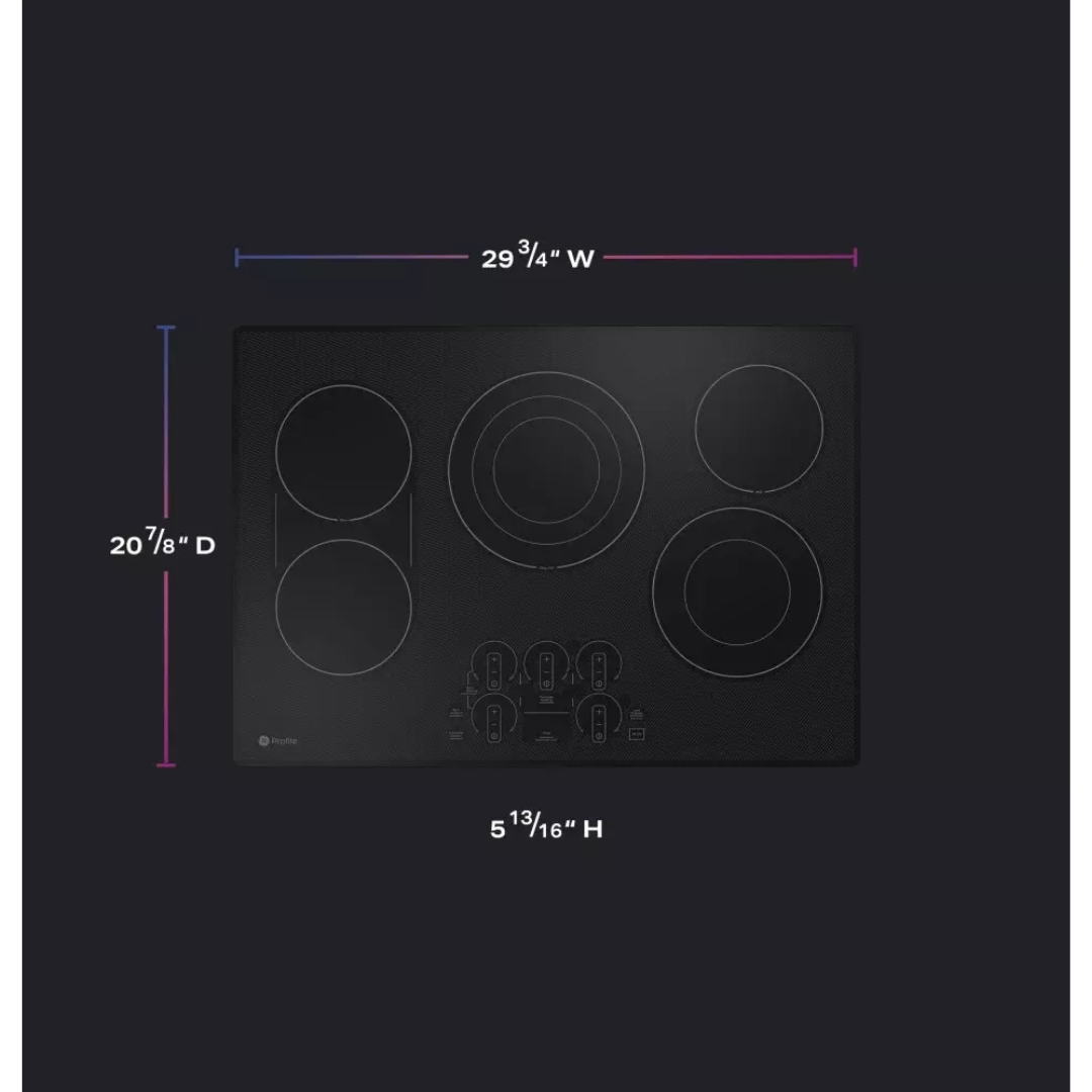 GE Profile PEP9030DTBB 30 Inch Electric Smart Cooktop with 5 Elements, Smooth Glass Surface, SyncBurners, Tri/Dual Ring Elements, Wi-Fi, Guided Cooking, Touch Controls, Power Boil, Precision Temperature Control, and ADA Compliant