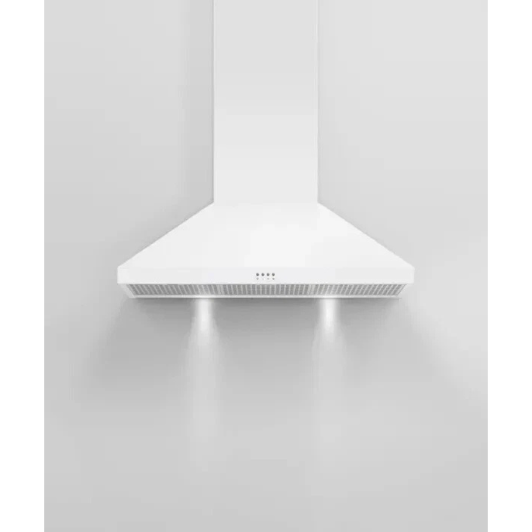 Fisher & Paykel Series 7 Classic Series HC36PCW1 36 Inch Wall Mounted Pyramid Range Hood with 3 Fan Speeds, 600 CFM Blower, Touch Button Controls, LED Lighting, Dishwasher-Safe Mesh Filters, and Height-Adjustable Flue: White