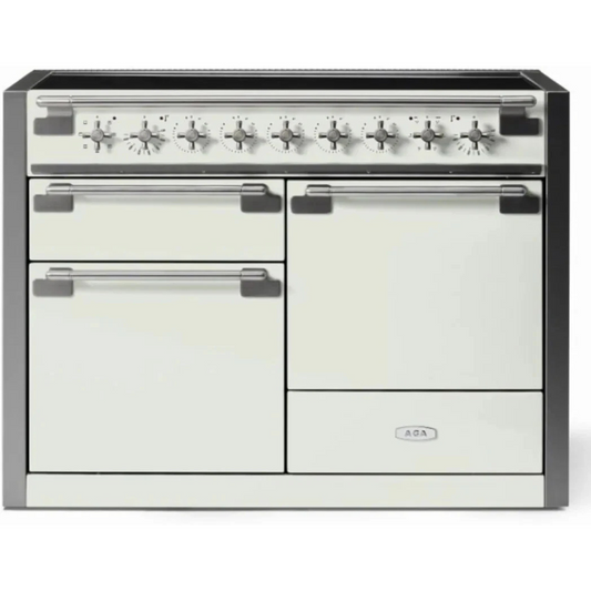 AGA Elise Series Classic Color Collection AEL481INABWHT 48 Inch Freestanding Induction Range with 5 Elements, Triple Oven, 6 cu. ft. Total Oven Capacity, Storage Drawer, EasyClean™ Technology, and Antique Brass Trim: White