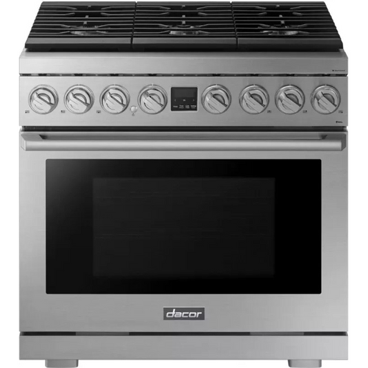 Dacor DOP36P86DLS 36 Inch Freestanding Dual Fuel Smart Range with 6 Sealed Burners, 6.3 cu. ft. Oven Capacity, Continuous Grates, Self-Clean, Steam-Assist Oven, and Perma-Flame™