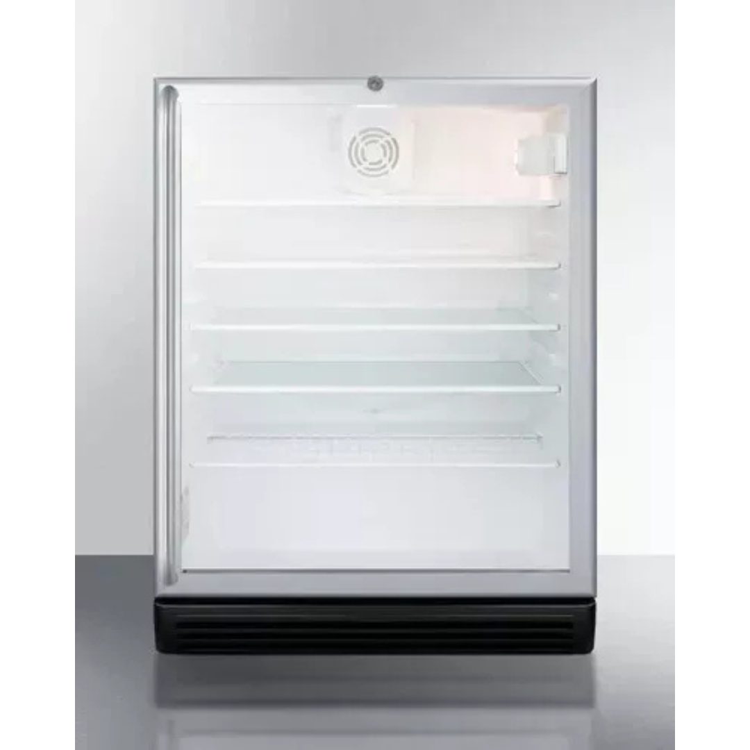 Summit SCR600BGLSHADA 24 Inch Commercial Beverage Center with 5.5 Cu. Ft. Capacity, Double Pane Tempered Glass Door, Towel Bar Handle, Adjustable Glass Shelves, Reversible Door, Lock, Automatic Defrost, 100% CFC Free, and ADA Compliant