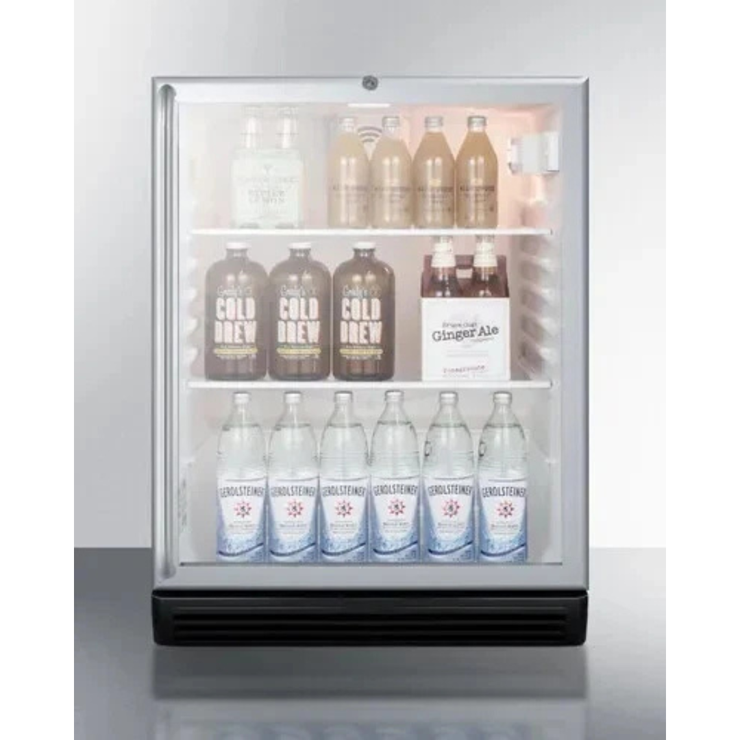 Summit SCR600BGLSHADA 24 Inch Commercial Beverage Center with 5.5 Cu. Ft. Capacity, Double Pane Tempered Glass Door, Towel Bar Handle, Adjustable Glass Shelves, Reversible Door, Lock, Automatic Defrost, 100% CFC Free, and ADA Compliant