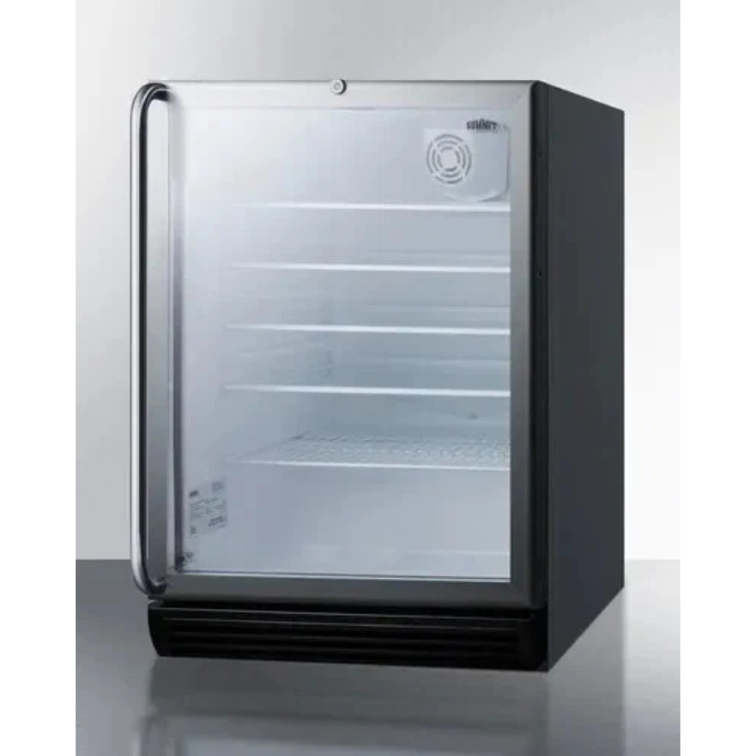 Summit SCR600BGLSHADA 24 Inch Commercial Beverage Center with 5.5 Cu. Ft. Capacity, Double Pane Tempered Glass Door, Towel Bar Handle, Adjustable Glass Shelves, Reversible Door, Lock, Automatic Defrost, 100% CFC Free, and ADA Compliant