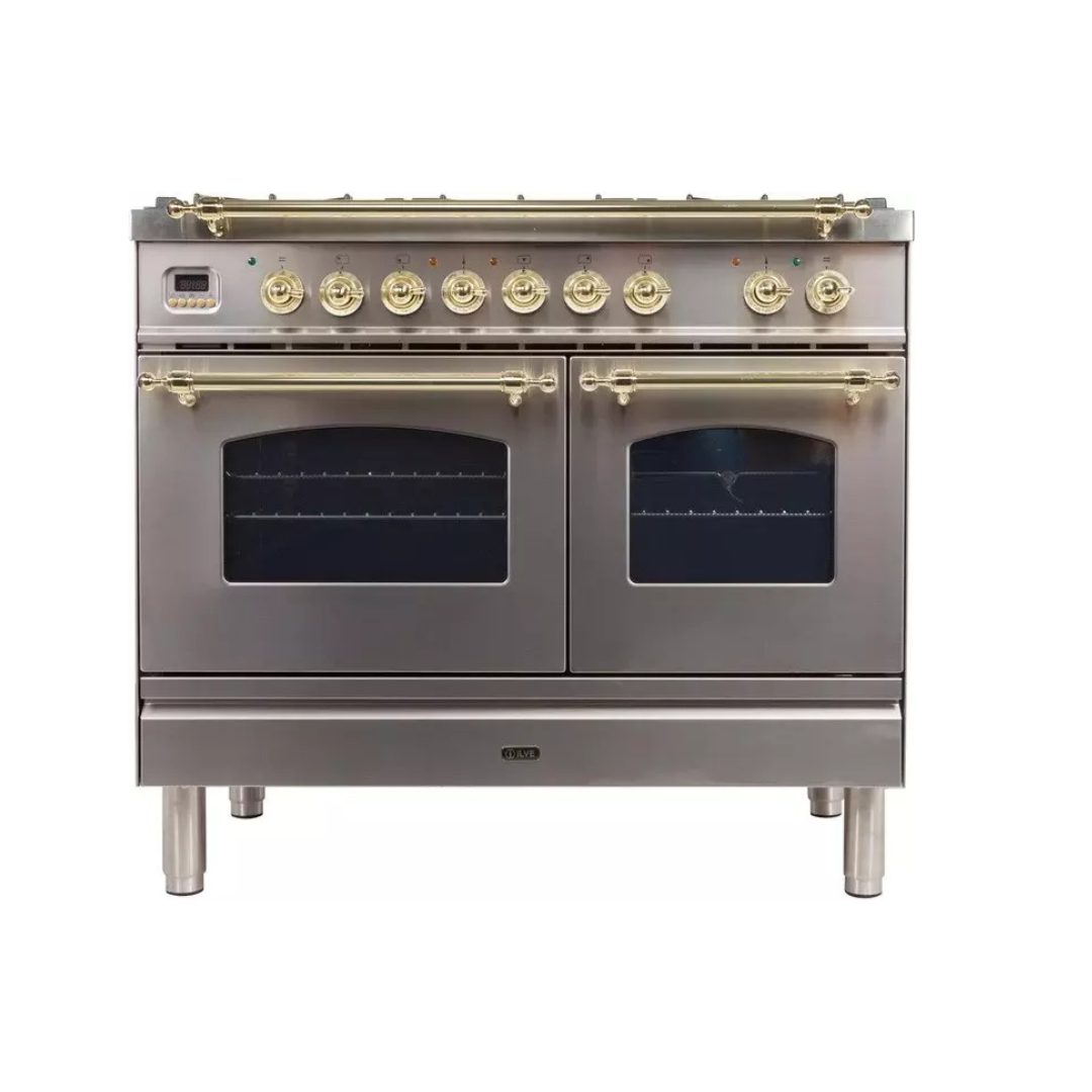 Ilve Nostalgie Collection UPDN100FDMPING 40 Inch Freestanding Dual Fuel Range with 5 Sealed Burners, 3.98 cu. ft. Total Capacity, Storage Drawer, and Griddle: Stainless Steel/Brass Trim - NG