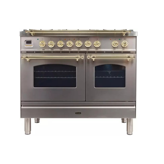 Ilve Nostalgie Collection UPDN100FDMPING 40 Inch Freestanding Dual Fuel Range with 5 Sealed Burners, 3.98 cu. ft. Total Capacity, Storage Drawer, and Griddle: Stainless Steel/Brass Trim - NG