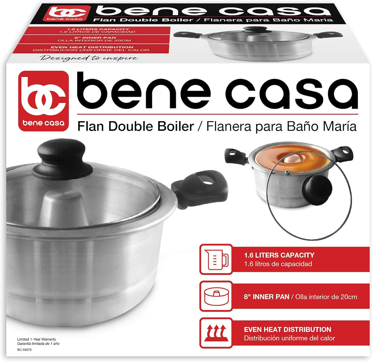 Bene Casa - Aluminum Flan Mold Double Boiler with Glass Lid (1.6 Liter) - Includes Aluminum Inner Pan (8") - Dishwasher Safe BC-58378