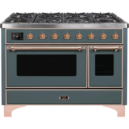 Ilve Majestic II Collection UM12FDNS3BGPLP 48 Inch Freestanding Dual Fuel Range with 8 Sealed Burners, 5.02 cu. ft. Total Capacity, Warming Drawer, and Griddle: Blue Grey, Copper Trim - LP