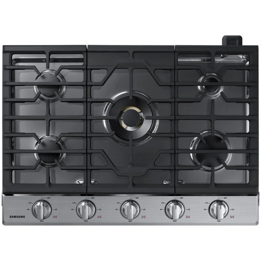 Samsung NA30N7755TS 30 Inch Smart Gas Cooktop with Wi-Fi and Bluetooth Connectivity, 22K BTU Dual-Power Burner, Blue LED Knobs, Griddle, Wok Grate, LP Conversion Kit and ADA Compliant: Stainless Steel