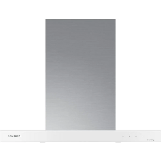 Samsung BESPOKE NK30CB600W12 30 Inch Smart Wall Mount Chimney Range Hood with 630 CFM Fan, 4 Speeds, 52 dBA, Wi-Fi Connectivity, LED Bar Lighting, Touch Controls, Dishwasher Safe Baffle Filters, and ADA Compliance: Clean White Panel