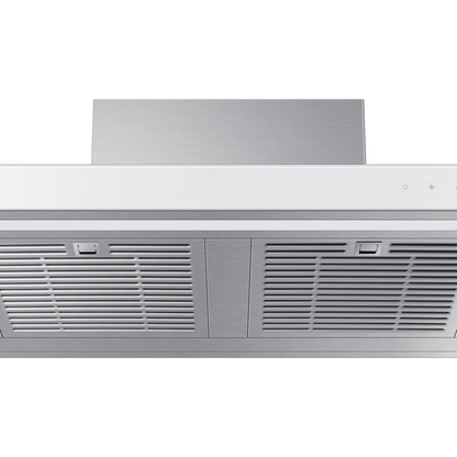 Samsung BESPOKE NK30CB600W12 30 Inch Smart Wall Mount Chimney Range Hood with 630 CFM Fan, 4 Speeds, 52 dBA, Wi-Fi Connectivity, LED Bar Lighting, Touch Controls, Dishwasher Safe Baffle Filters, and ADA Compliance: Clean White Panel